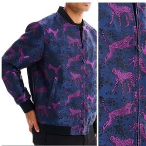 BERTIGO lan Animal Impala & Cheetah Jacquard  Bomber Jacket Navy Blue / Purple S